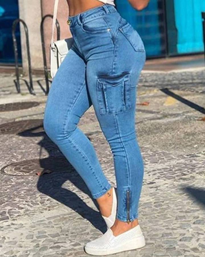 Flap Pocket Zipper Side Skinny Jeans