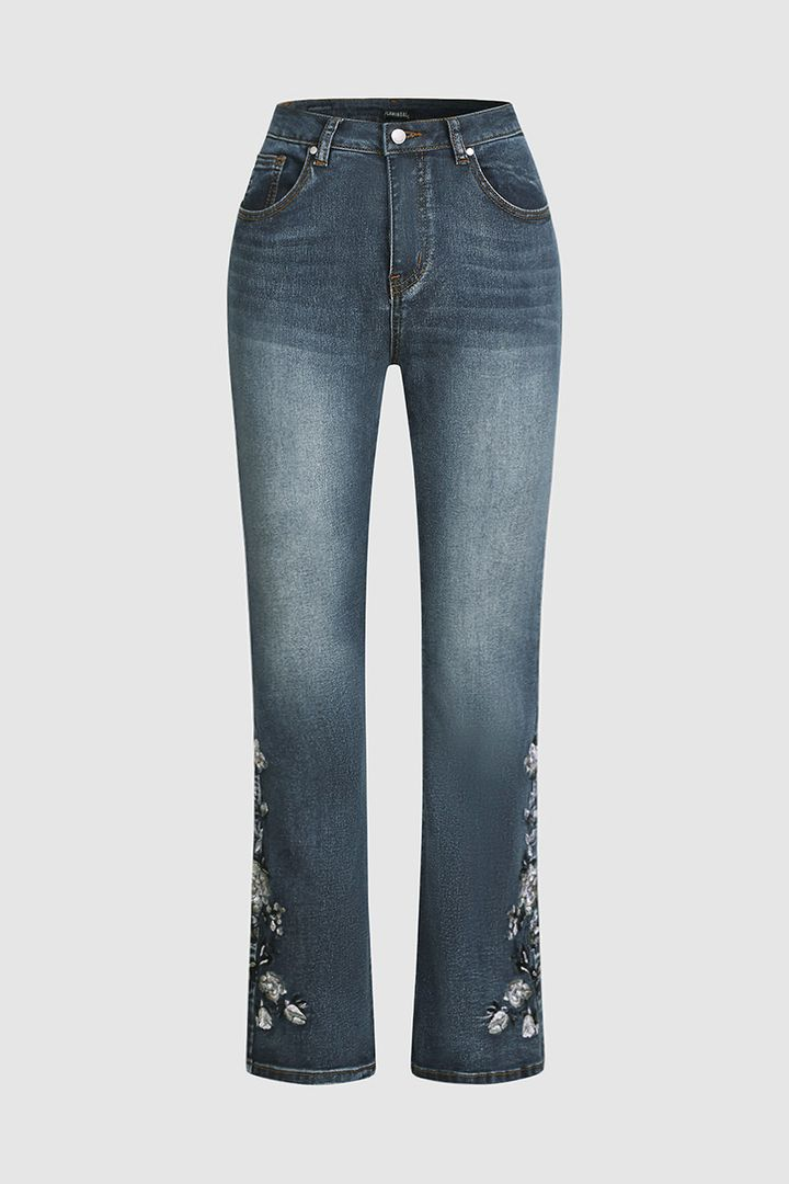 😍Last Day 56% OFF🔥Floral Hand Embroidery Mid Waist Bootcut Jeans🔥