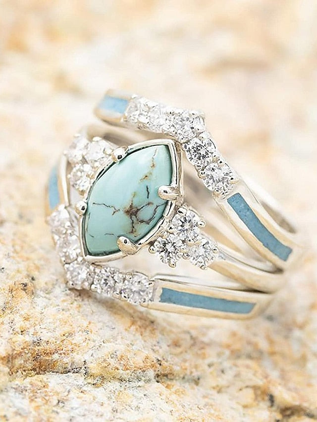 Women's Ring Natural Turquoise Diamond Jewelry 3PCS Ring Set Stackable Finger Rings Sparkling Natural Gemstone for Girlfriend Valentines Mothers Jewelry Gifts