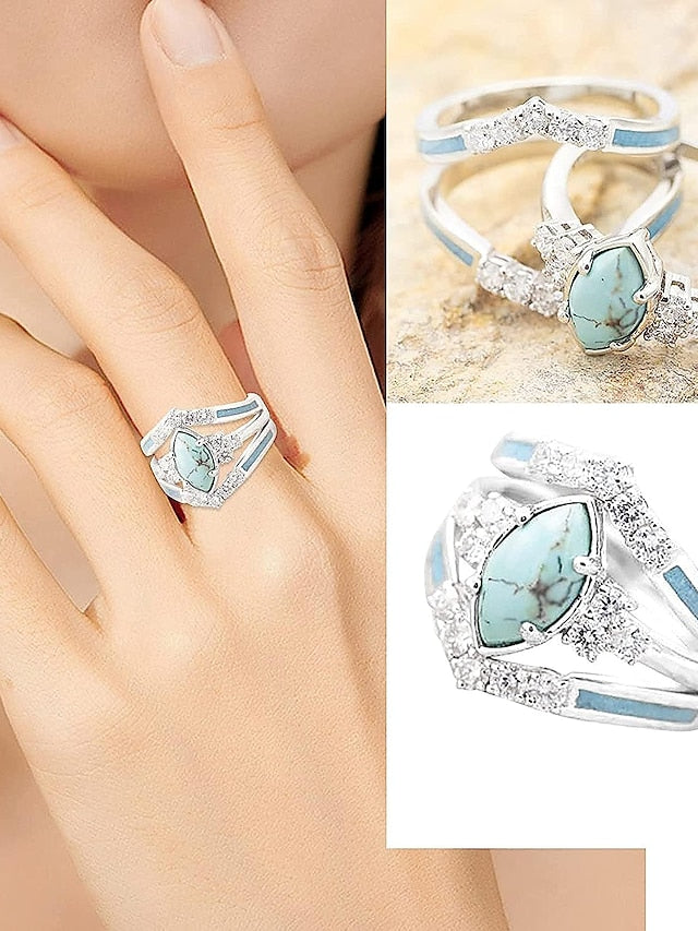 Women's Ring Natural Turquoise Diamond Jewelry 3PCS Ring Set Stackable Finger Rings Sparkling Natural Gemstone for Girlfriend Valentines Mothers Jewelry Gifts