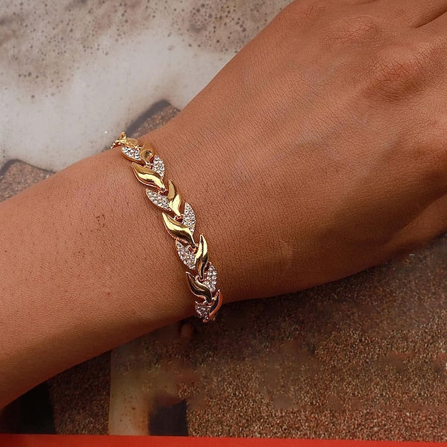 Women's Bracelets Fashion Full Diamond-Gold Leaf Bracelet Alloy Zirconia Jewelry for Girlfriend Valentines Mothers Jewelry Gifts